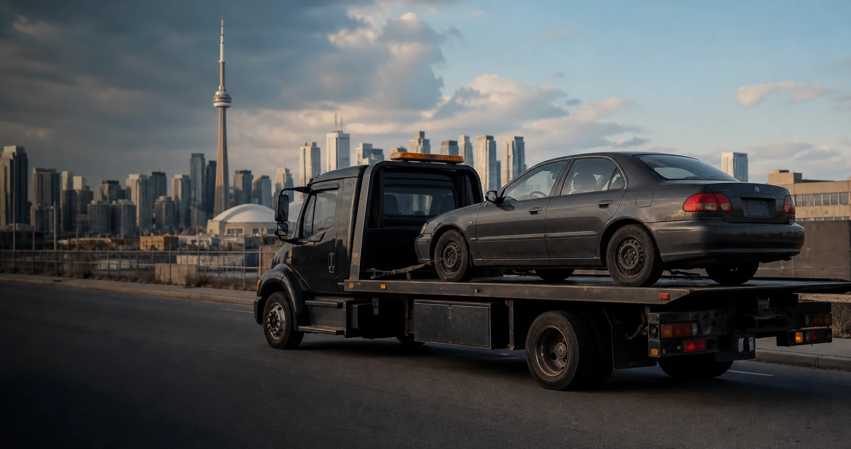 Tow truck collecting an unwanted vehicle for recycling in Barrie