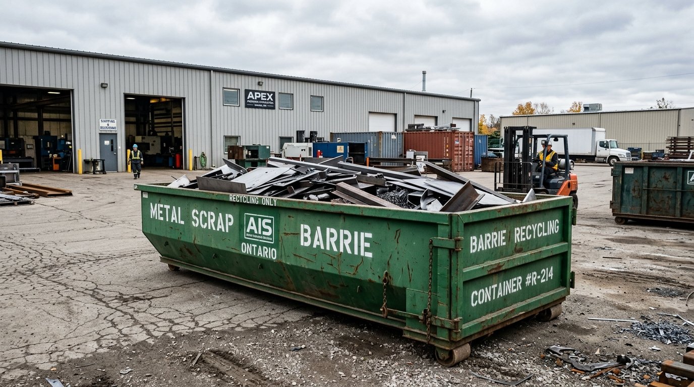 Commercial heavy-duty roll-off scrap metal bin container deployed at manufacturing facility in Barrie
