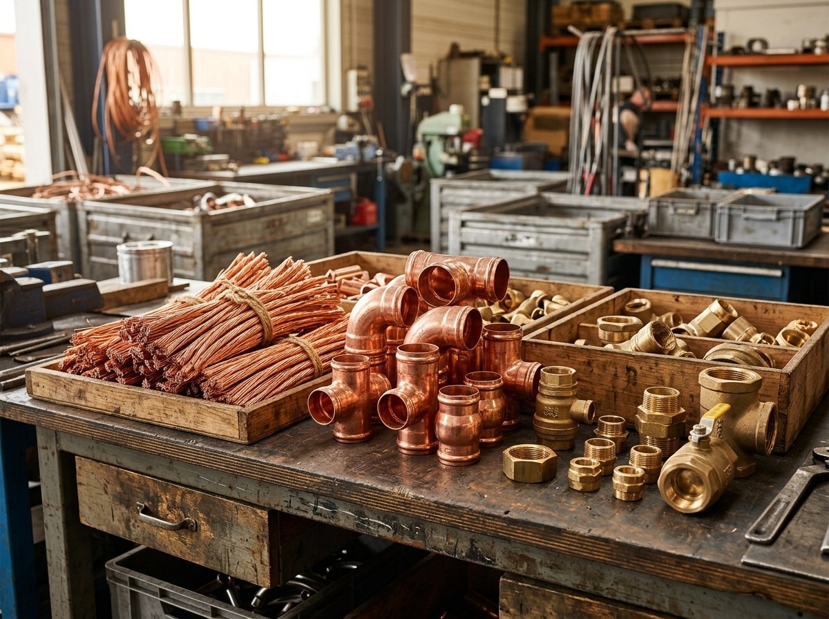 Clean copper wire coils, plumbing pipes, and brass fittings in recycling facility