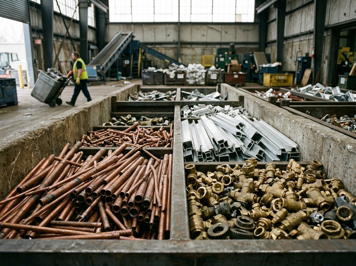 Sorted recyclable copper, brass, and aluminum scrap metal ready for grading in Barrie facility