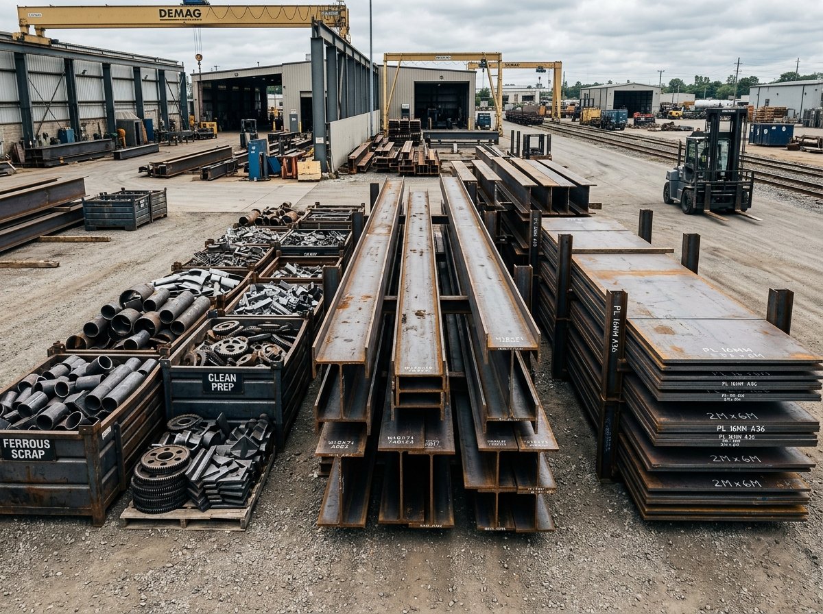 Heavy structural steel, iron beams, and carbon steel scrap metal in yard