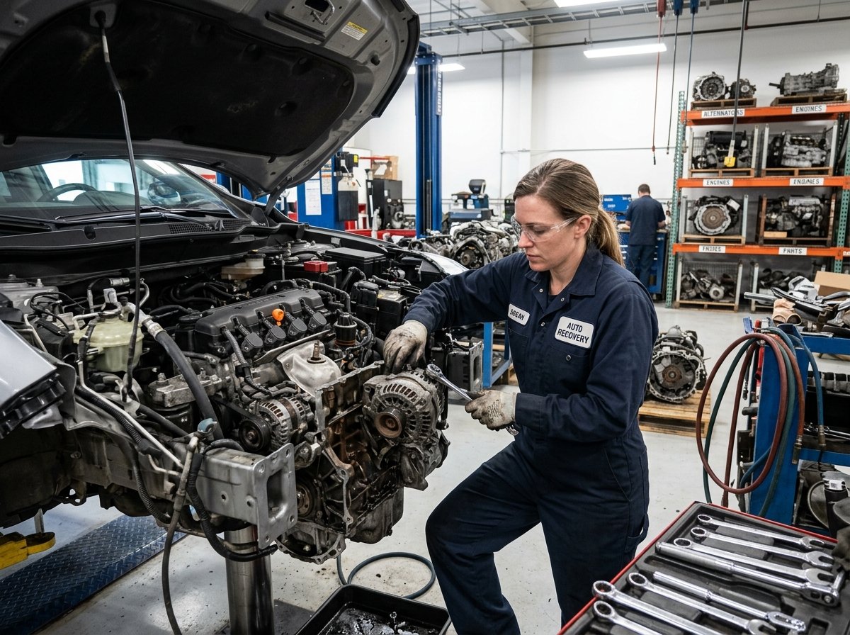 Automotive technician removing reusable parts from an end-of-life vehicle in Barrie