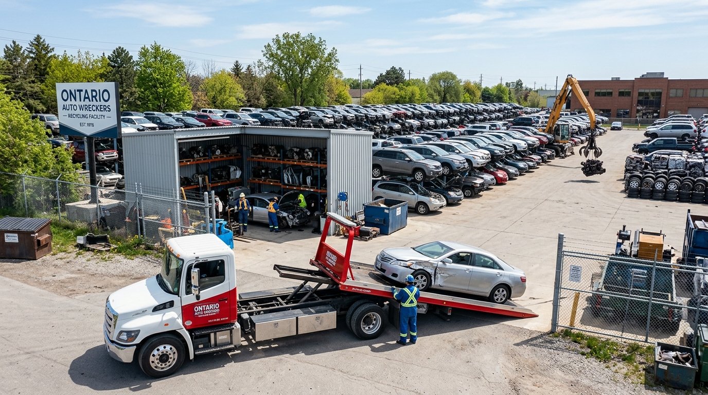End-of-life vehicles at an automotive recycling yard in Barrie with flatbed tow truck